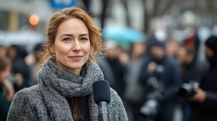 Fototapeta premium politician woman giving a live response during an outdoor press conference, holding a public interview with microphones on the city street, interacting with reporters and the media