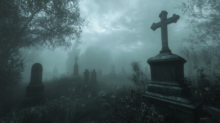 Fog swirling around tombstones in a shadowy, eerie cemetery