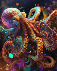 Fototapeta premium A psychedelic rendering of an octopus surrounded by swirling electric currents, the creature's body pulsating with neon colors and vibrant energy. The image captures the surreal and otherworldly 