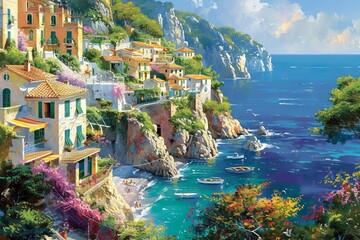 A quaint coastal village perched on a cliffside, colorful houses with tiled roofs overlooking a sparkling azure sea dotted with fishing boats, the vibrant Mediterranean palette and sunlit terraces