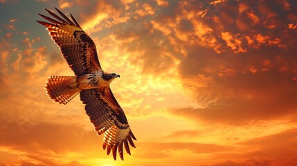 Obraz premium A raptor soaring gracefully against a backdrop of a vivid sunset, capturing the majestic beauty of these birds of prey. The image draws inspiration from wildlife photography, emphasizing