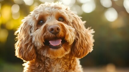 A close-up of a Double Doodle dog with a shiny coat, emphasizing its friendly expression against a minimalistic backdrop
