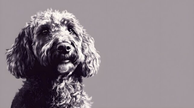 A close-up of a Double Doodle dog with a shiny coat, emphasizing its friendly expression against a minimalistic backdrop