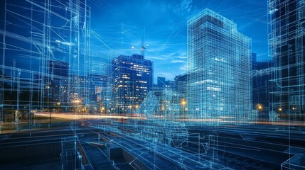 Futuristic Cityscape with Wireframe Buildings and Lines