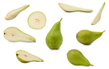 Fresh green pear with slices arranged on a white background showcasing natural textures