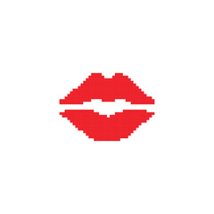 Fototapeta premium Red pixelated lips in retro digital style. Minimalistic red lips icon in pixel art design