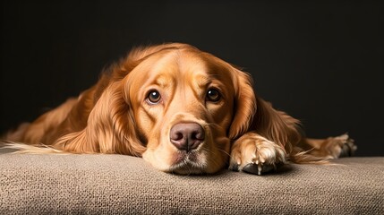 A golden cocker retriever dog with a cheerful demeanor, lying on a , with plenty of copy space for text