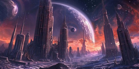 Fototapeta premium A sci-fi landscape depicting a futuristic cityscape where feline architects have left their mark. Towering skyscrapers with intricate feline-inspired designs rise against a backdrop of alien planets. 