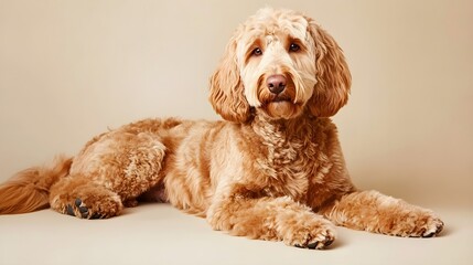An adult Golden Doodle with a shiny coat, lying down gracefully on a soft cream-colored background, showcasing its friendly demeanor