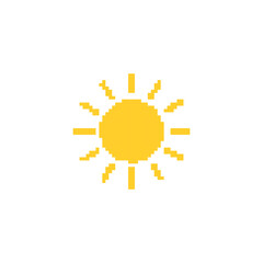 Pixelated sun illustration. Simple pixel art of a yellow sun with rays extending outward.