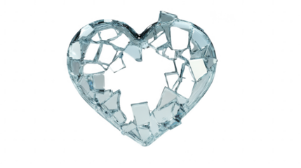 PNG shattered heart shape made of fragments reflecting light on transparent background