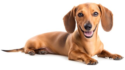 A playful Jackshund dog lying on a , showcasing its long body and short legs with a cheerful expression