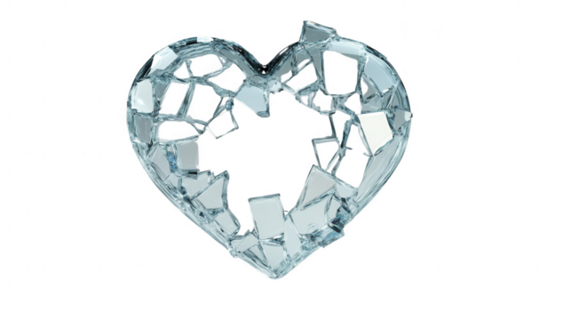 PNG shattered heart shape made of fragments reflecting light on transparent background