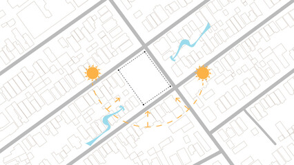 architecture site analysis symbol icon element drawing graphic flat isolated vector. architecture element line sun wind sound sun path vegetation.