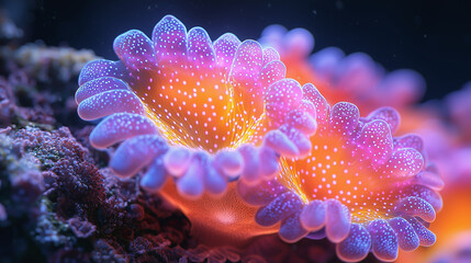 Brightly colored marine coral glowing with vivid purple and orange hues
