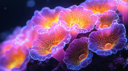 Brightly colored marine coral glowing with vivid purple and orange hues
