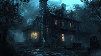Haunted house with flickering lights and broken shutters