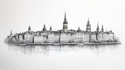 Fototapeta premium Stockholm, Sweden, black and white pen pencil hand-drawn effect drawing illustration for travel poster, card, wallpaper, backdrop or banner. Modern, clear, artistic and simple