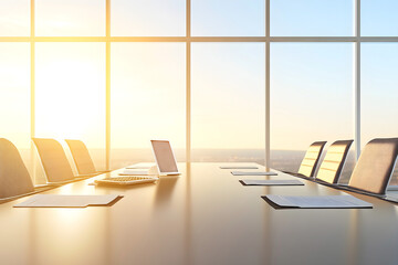Empty conference room with a long table, chairs, and a laptop in front of a large window with sunrise light