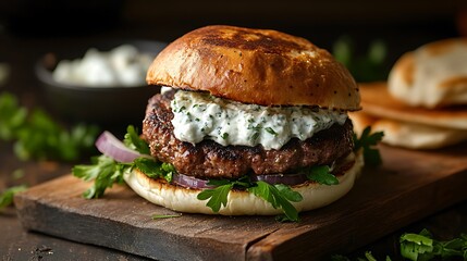 A close-up of a juicy burger with a white sauce and parsley on a wooden board.