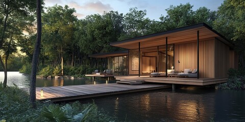 An architectural exterior rendering of an resort wooden cabin with a terrace
