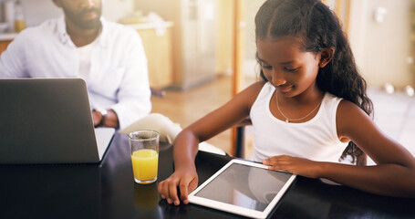 Online class, tablet and homework with father and daughter for education, support and remote school. Elearning, knowledge and teaching with man and girl studying in family home for academic tutor