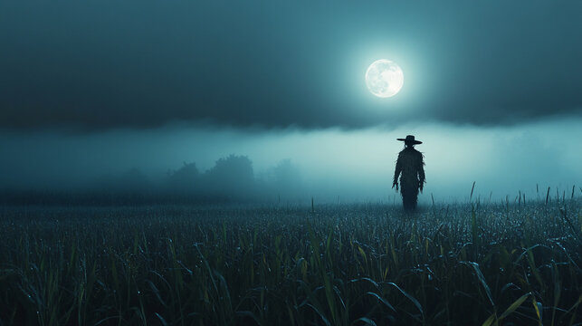 Creepy scarecrow standing alone in a foggy field under the moon
