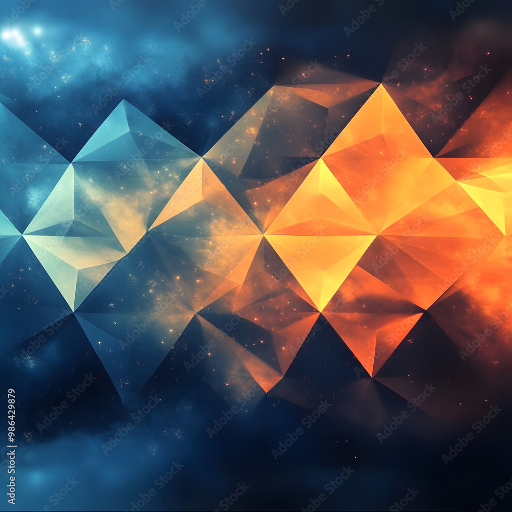 Poster futuristic triangles background, an elegant shift from a vibrant marigold to a dusky cerulean accent