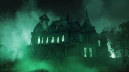 Haunted mansion with eerie green mist surrounding it