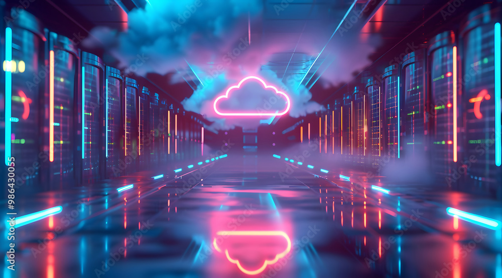 Poster vibrant cloud symbol illuminated in a futuristic data center during nighttime. generative by ai