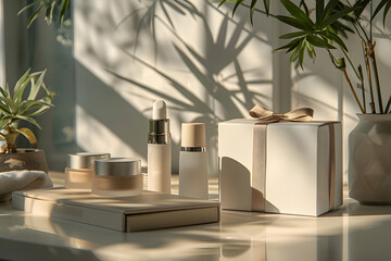 Minimalist display of cosmetic products with gift packaging in serene sunlight. Generative by AI