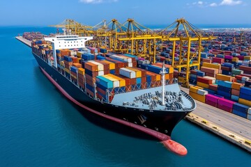 A cargo ship at a busy port, with containers being loaded and unloaded, representing global trade and shipping