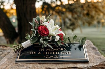 "Memorial Bouquet of Red Roses and White Lilies on Plaque: In Memory of a Loved One"
