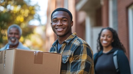 parents assisting their african american college student with moving crates into their dorm, a heartwarming moment marking the beginning of a new adventure in university life