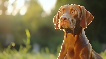 A Vizsla dog in a playful pose, with a bright expression and a focused gaze, surrounded by ample copy space