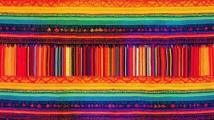 Vibrant textile pattern showcasing colorful stripes and intricate designs, perfect for artistic or decorative projects.