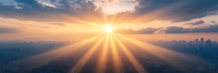 bright glowing sun on sky with sunbeam at city