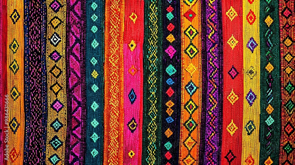 Poster colorful textile pattern featuring intricate designs and vibrant hues, suitable for backgrounds and 