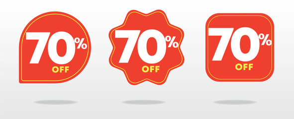 70% off. Price tag, value, promo. Sticker for social media, marketing, retail. Offer, business, campaign, ads. Store, shopping, sales. Red, yellow sign. Set, icon, vector