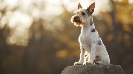 A playful Wire Fox Terrier sitting on a , showcasing its distinctive wiry coat and expressive face