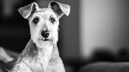 A playful Wire Fox Terrier sitting on a , showcasing its distinctive wiry coat and expressive face