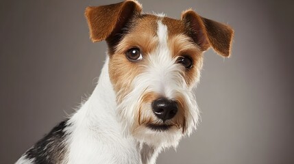 A close-up portrait of a Wire Fox Terrier with a focused gaze, emphasizing its sharp features and alert expression against a muted backdrop