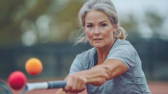 senior woman playing pickleball at the outdoor court, staying fit and active while enjoying a fun, competitive sport that promotes physical health and agility