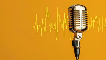 Fototapeta premium Retro microphone with sound wave on yellow background. Music concept.