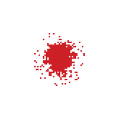 Red blood splatter in pixel art style. Pixelated blood stain with drips in a retro design.