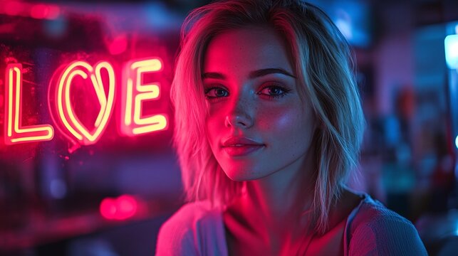 beautiful blonde woman standing in front of a mirror with a glowing love yourself sign, promoting confidence, self-esteem, and the importance of self-care in a motivational concept