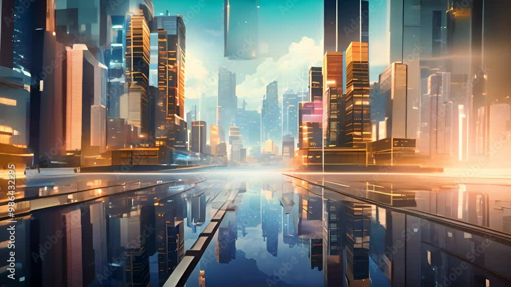 Poster neon technology city business concept with skyscraper buildings and virtual network connection