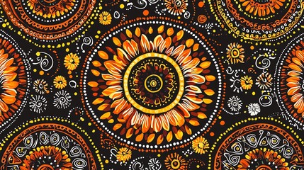 Fototapeta premium Vibrant mandala pattern featuring sunflowers and intricate designs in warm orange and yellow tones on a black background.