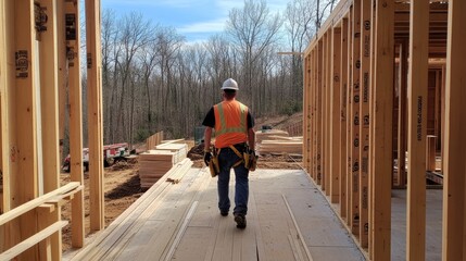 Construction Worker Walking Through New Home Framing