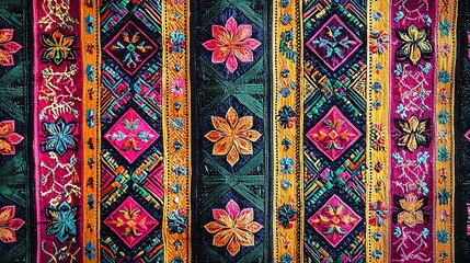 Vibrant textile featuring intricate floral patterns and geometric designs in rich colors, ideal for fabric or interior design projects.
